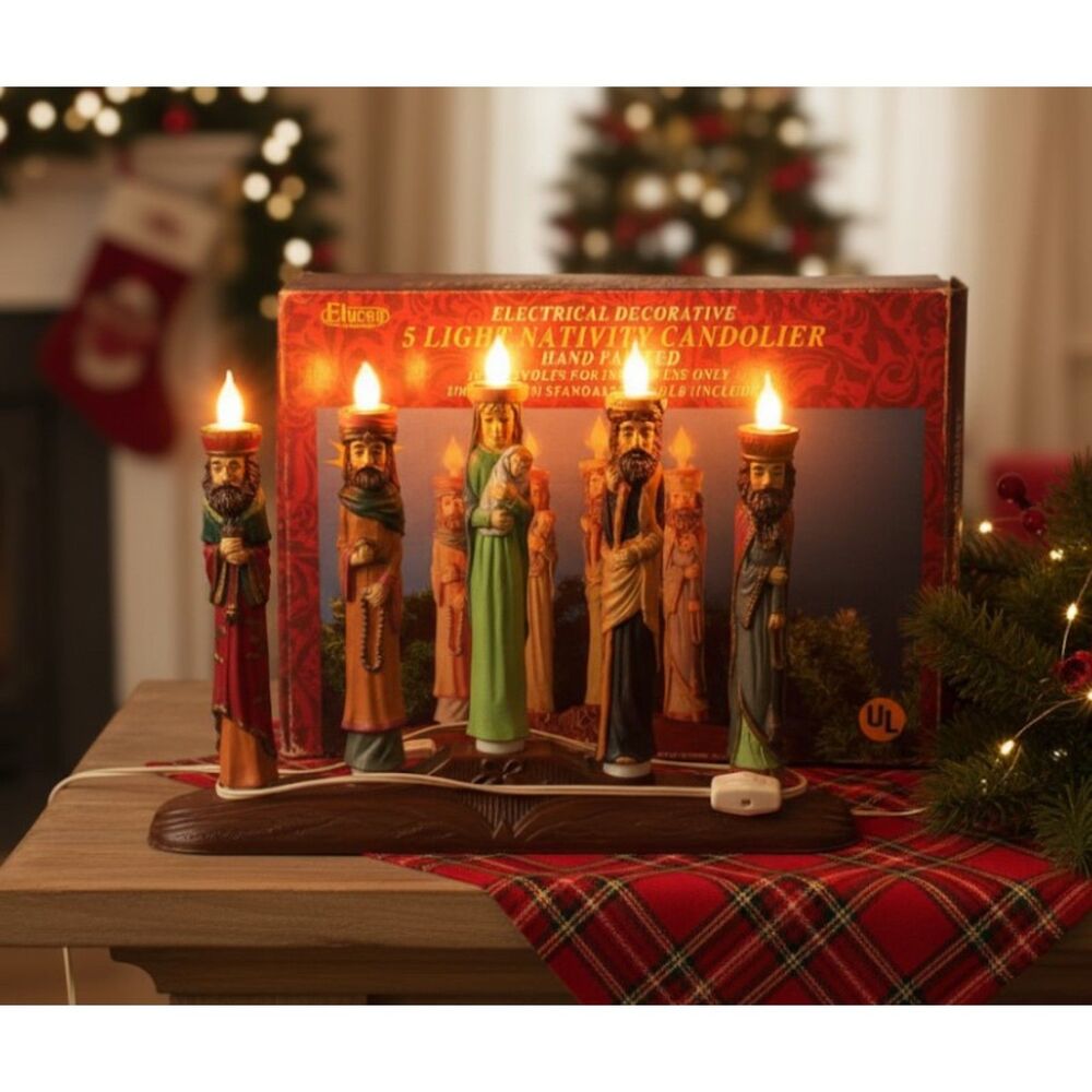 Vintage Eluceo 5 Light Electric Nativity Candolier Hand Painted Christmas